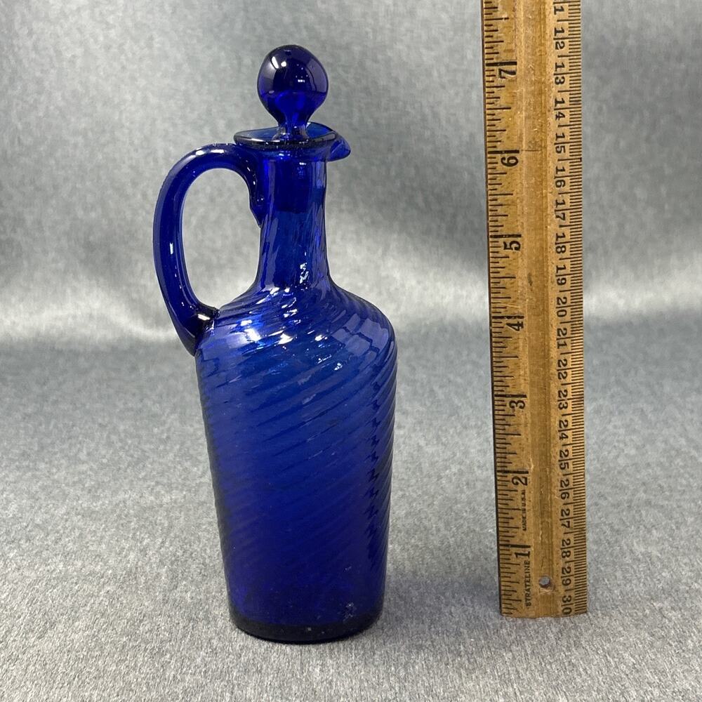 OOAK Cobalt Blue Glass Decanter Cruet Bottle Stopper Optic Swirl Applied Handle - Picture 1 of 14